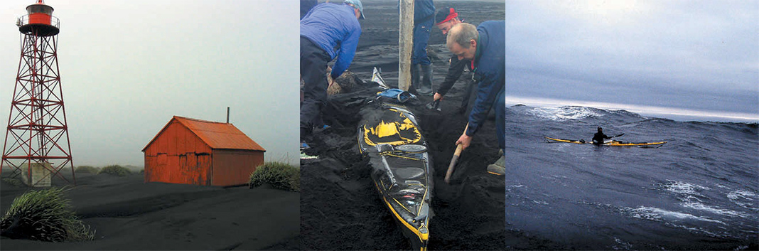 Left: red shack; Middle: Kayak being dug out of black sand; Right: sea kayak on the ocean.