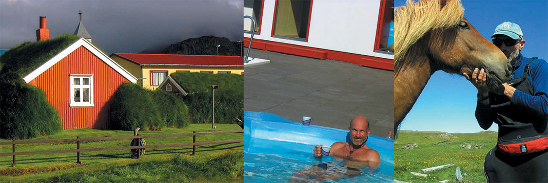 Left: red house with green lawn; Middle: man in hot tub; Right: Man kissing a horse
