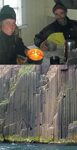 Top: woman and man with birthday candles in oatmeal; Bottom: Sea kayakers beside giant cliff face.