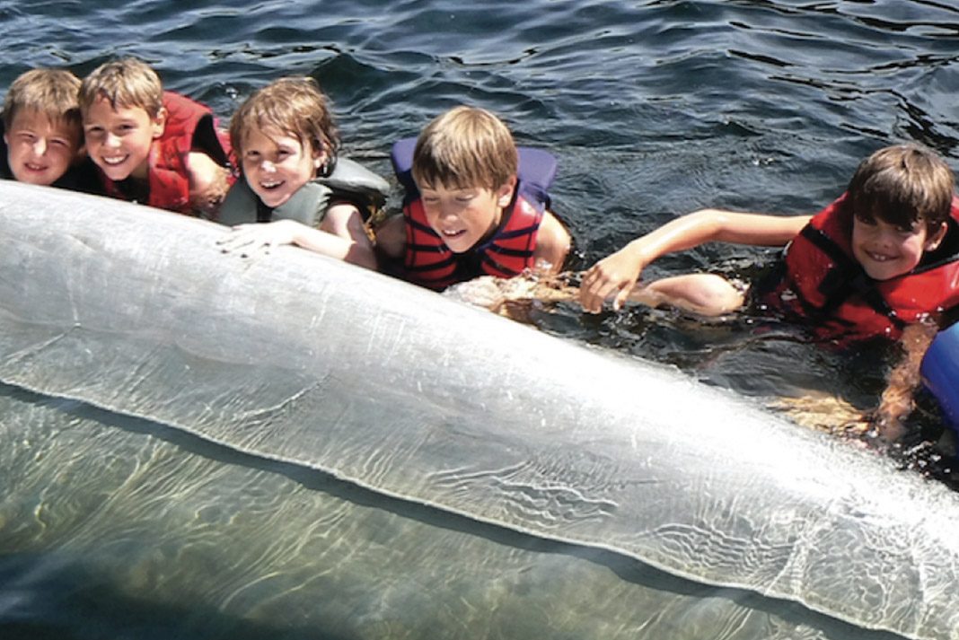 Kids wearing lifejackets, floating in water beside overturned canoe