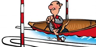 Illustration of person in canoe paddling between poles