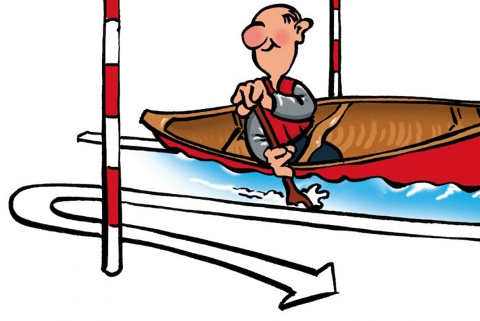 Illustration of person in canoe paddling between poles