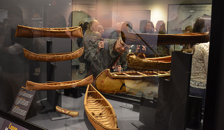 person looking at models of Penobscot canoes at the Peabody Museum