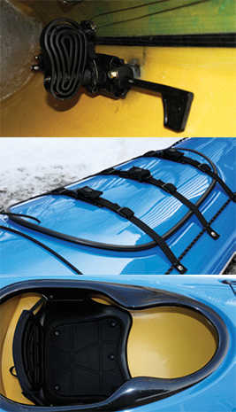 Different parts of blue touring kayak
