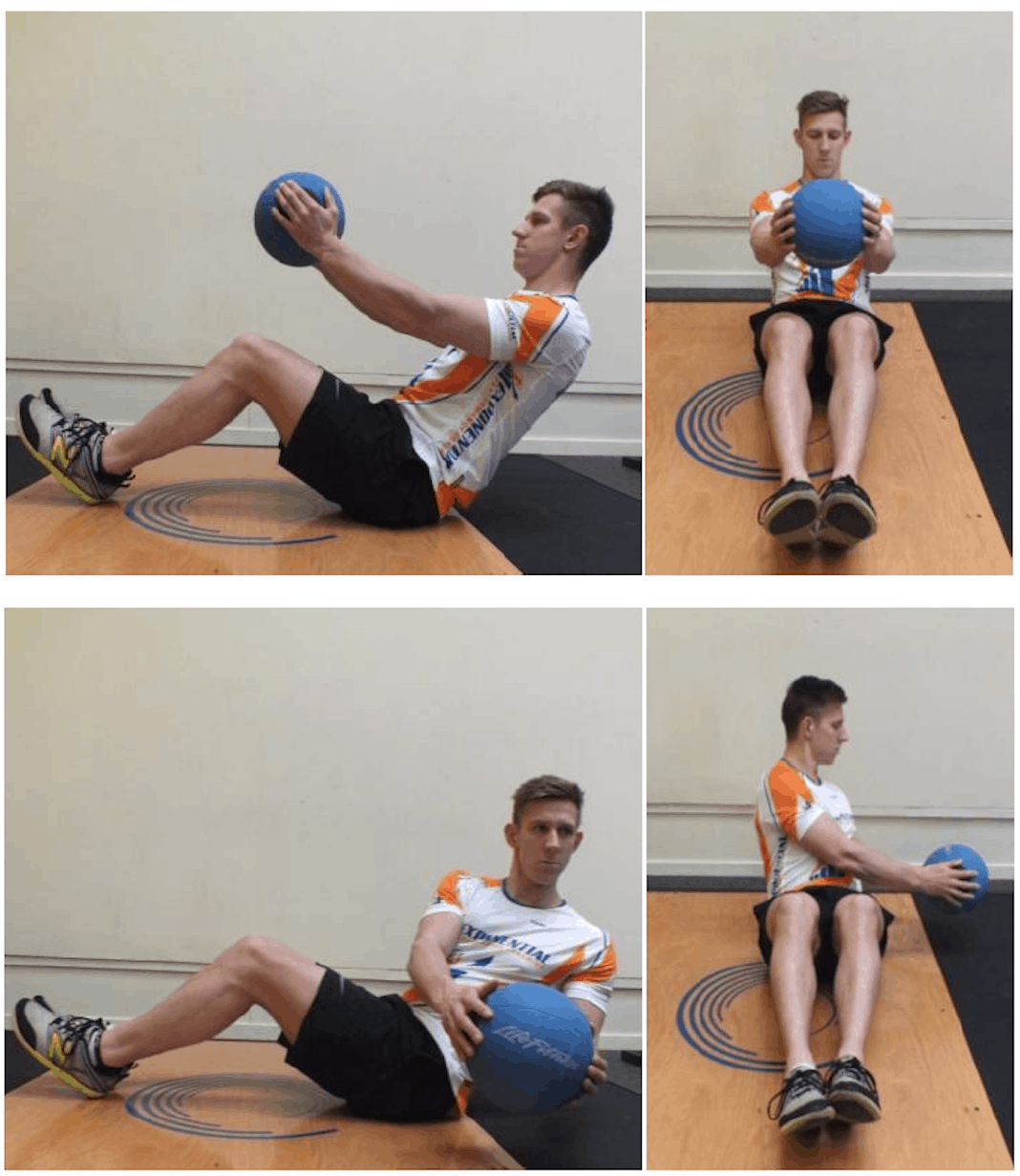 Four diagrams of man passing a medicine ball from one side of his body to the other.