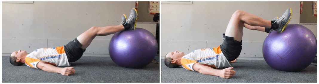 Two photos of man lying on ground with feet up on exercise ball.