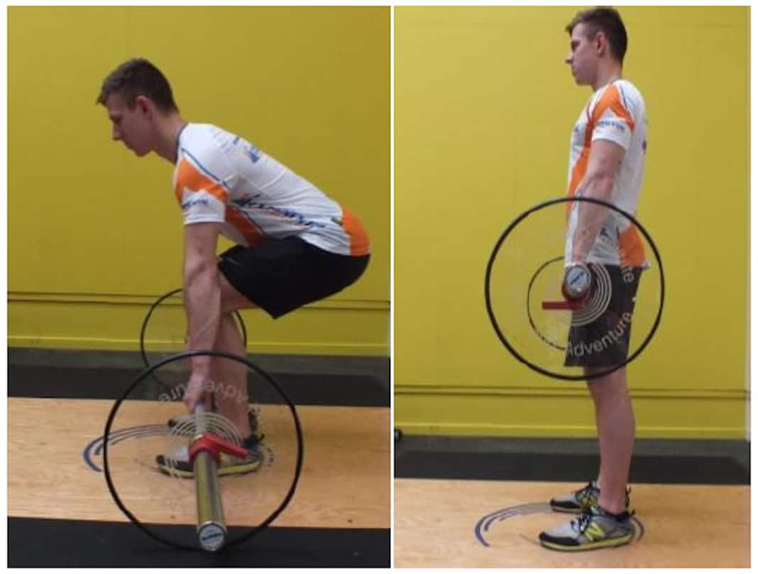 Two photos of man performing a bent-knee deadlift