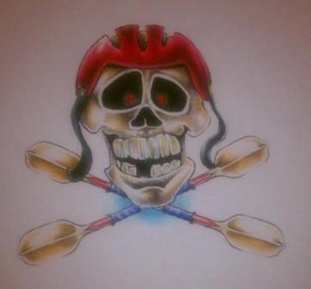 Skull wearing a helmet with paddles crossed below