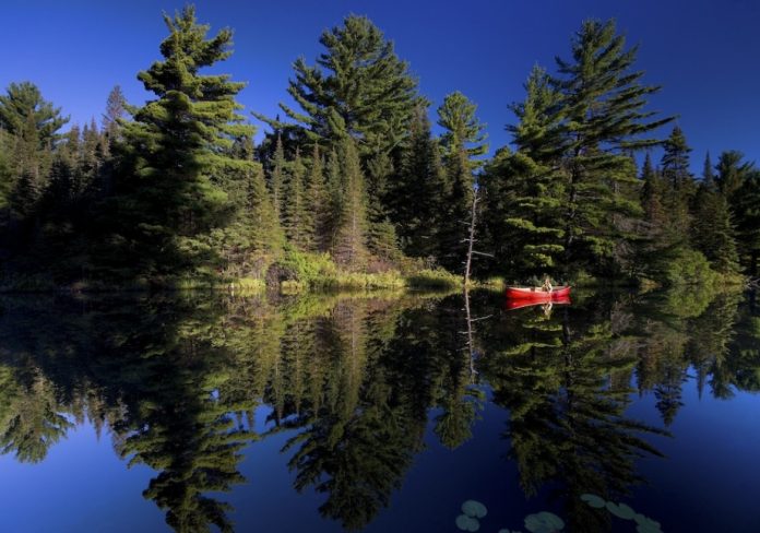 canoeist paddles a canoe silently across still water