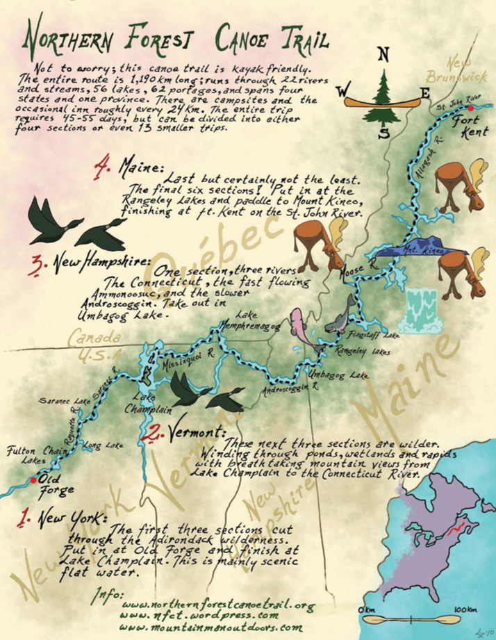 Northern Forest Canoe Trail through Vermont, New Hampshire, New York, Maine and New Brunswick.