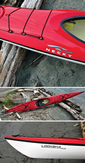 Three photos of different parts of a red sea kayak