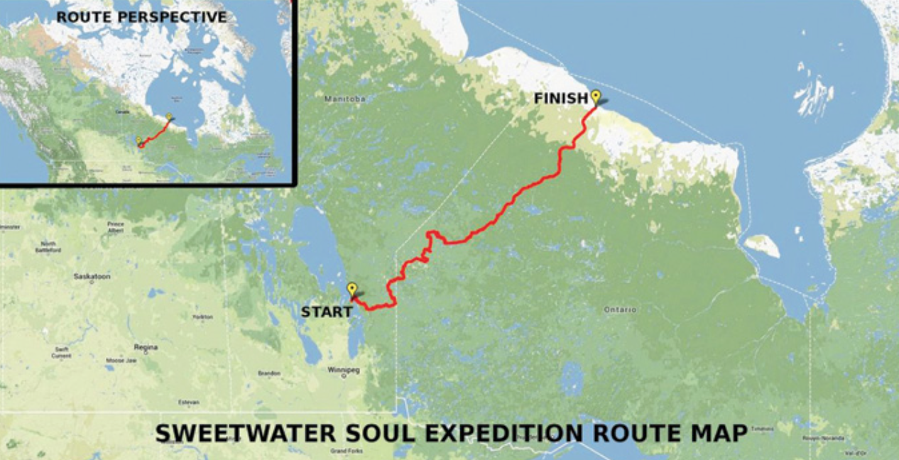 expedition map of Frank Wolf and Rob Hart's 26-day canoe trip
