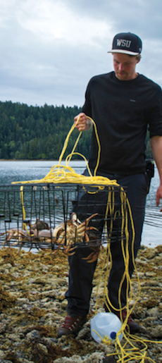 Man holding crab traps on beach