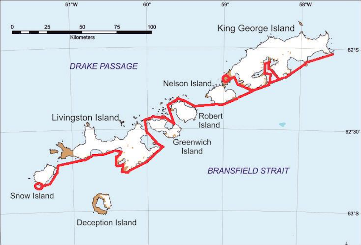 Map of the proposed route for three sea kayakers paddling around the south shetland islands.
