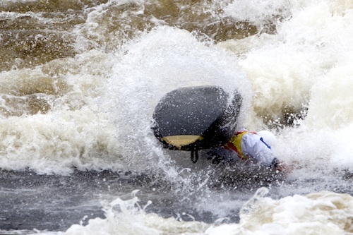 Anthony Hugo, winner of the Junior Men's divison, on Garb at the ICF World Freestyle Kayak Championship. 