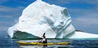 woman sea kayaking beside an iceberg