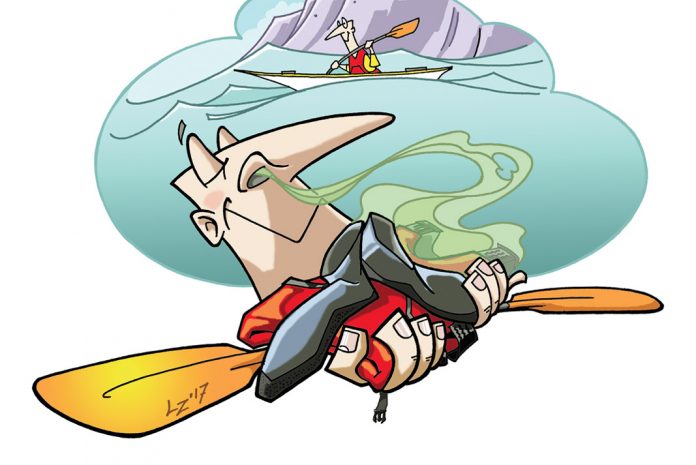 cartoon character smelling foul smelling gear with a smile