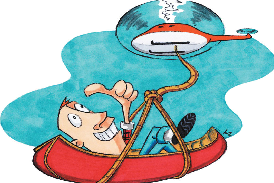 cartoon of man being lowered out of a helicopter in a canoe