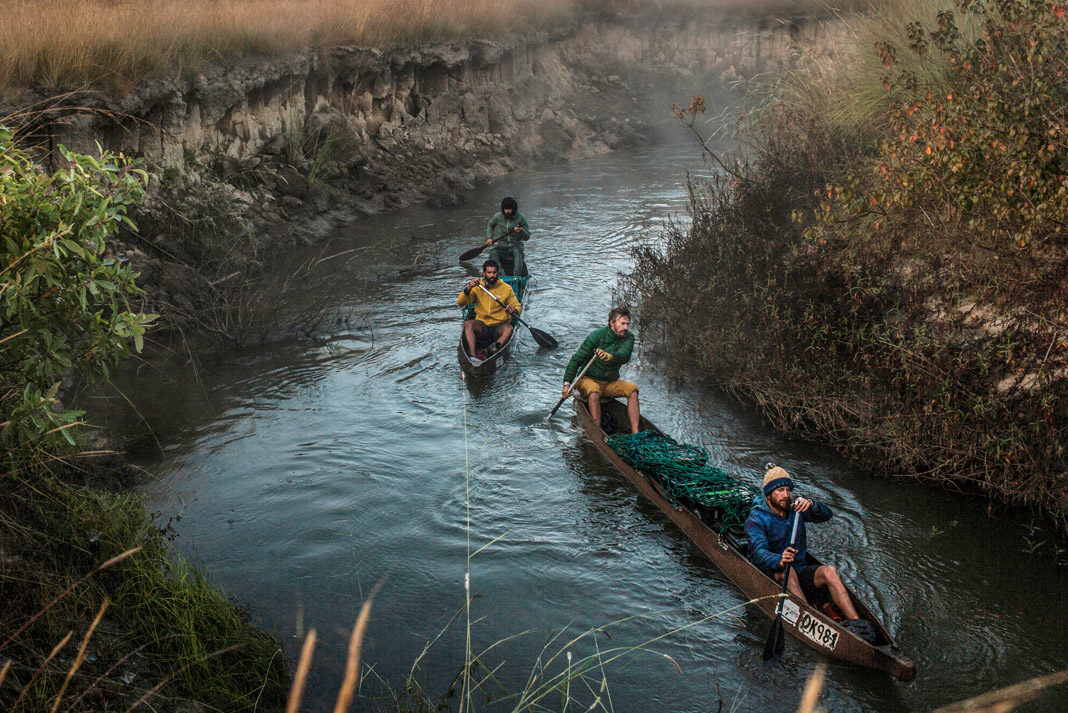 four men in two canoes paddling in Africa