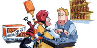 cartoon of man buying a lot of paddling safety gear
