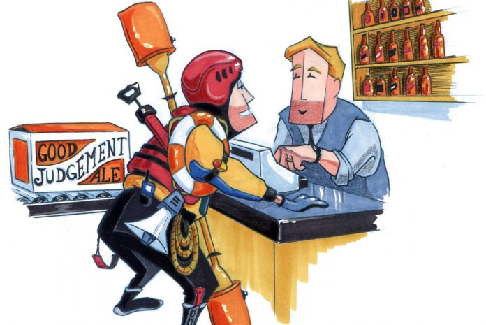 cartoon of man buying a lot of paddling safety gear