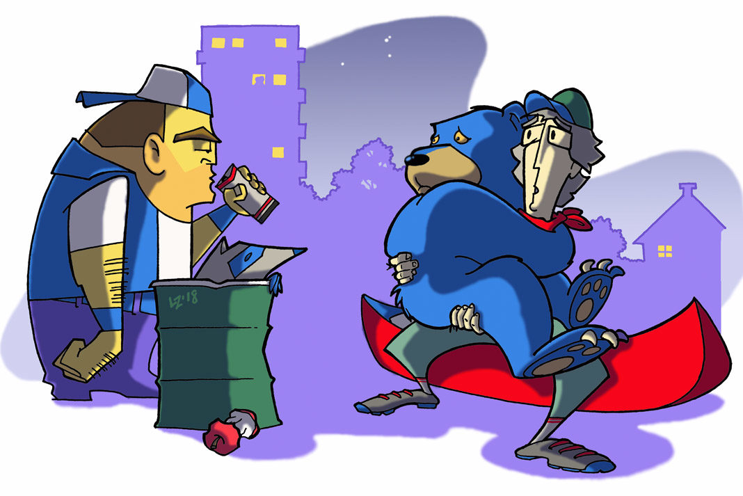 animation of a man and bear petrified of a stranger drinking a beer in the city while paddling