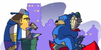 animation of a man and bear petrified of a stranger drinking a beer in the city while paddling