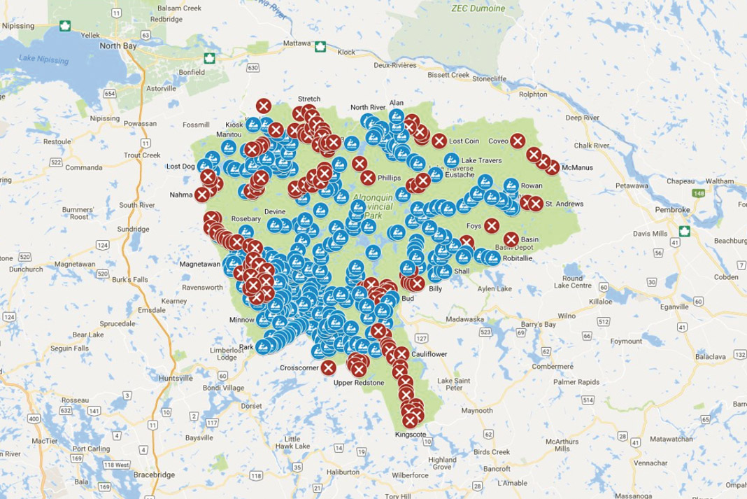 the portage-accessible lakes marked on a map