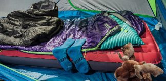 Socks, poncho, sleeping pad, sleeping bag, and other gear laid out on floor of tent