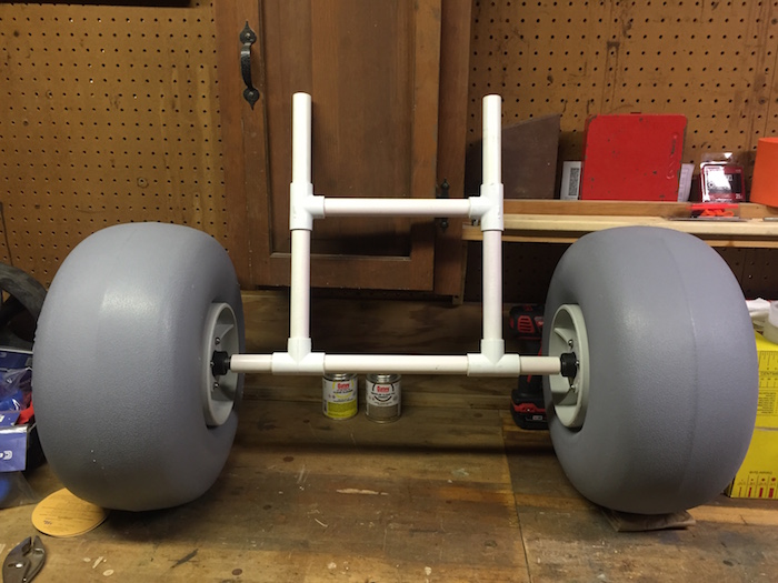 An image of an assembled kayak cart attached to WheelEez Inflatable Tires.