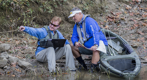 River Bassin Experts Tim Perkins and Lance Coley use technology and maps to find new spots.