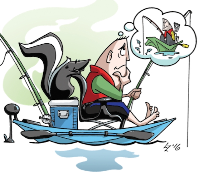 illustration of an angler and a skunk thinking about his old boat catching more fish