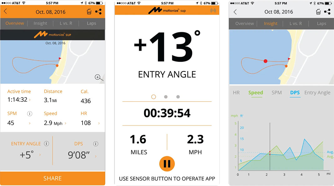 Screenshot of sample screens from the Motionize SUP app