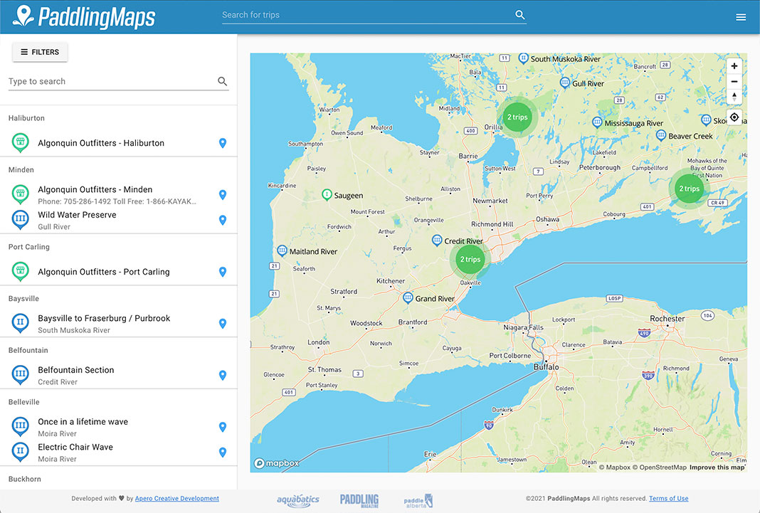 Screenshot of Paddling Maps website