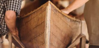 Bow view of a wooden canoe