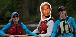 Kevin Hart's head photoshopped on a whitewater rafter's body, along with two other rafters smiling and posing