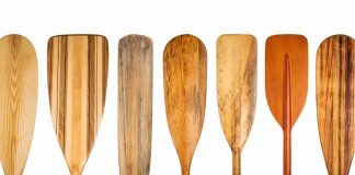 several wooden and ash canoe paddles lined up