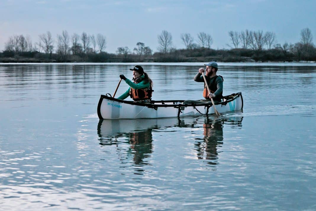 Kaydi Pyette and Geoff Whitlock paddling MyCanoe's folding Plus Model Canoe