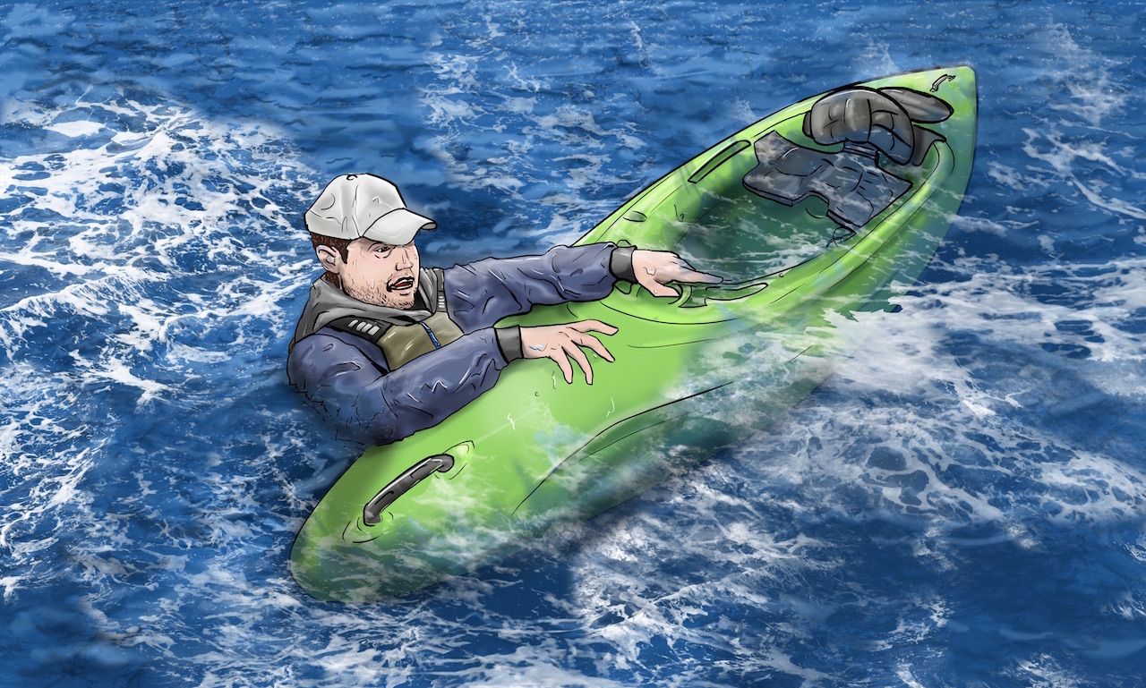 Illustration of Danielson in the water clinging to his swamped kayak