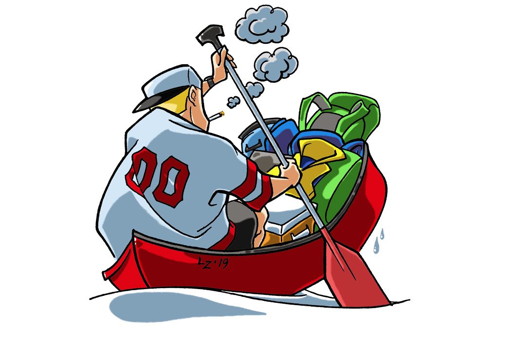 an illustration of a man wearing no life jacket paddling a canoe stuffed with gear and smoking a cigarette