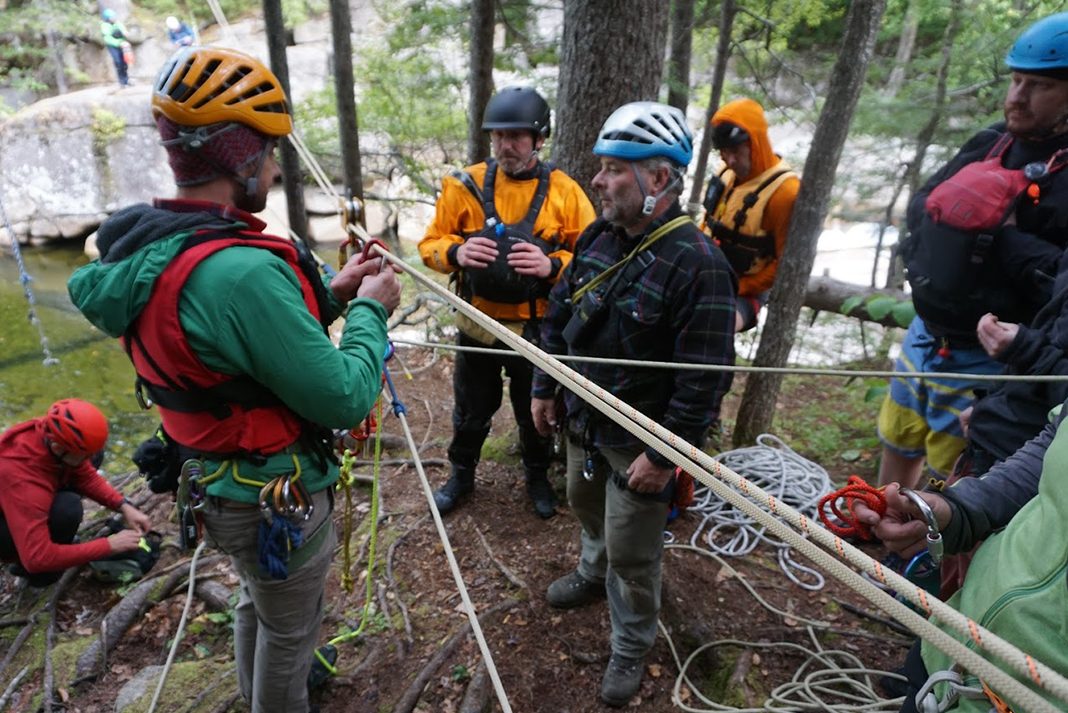 MRS and WMSRT team members training on the rope systems used to establish a Tyrolian Traverse during joint team training in October 2018.