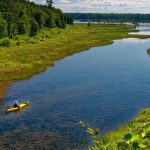 The Best Places To Paddle Near You A kayaker on a river with green vegetation on either side