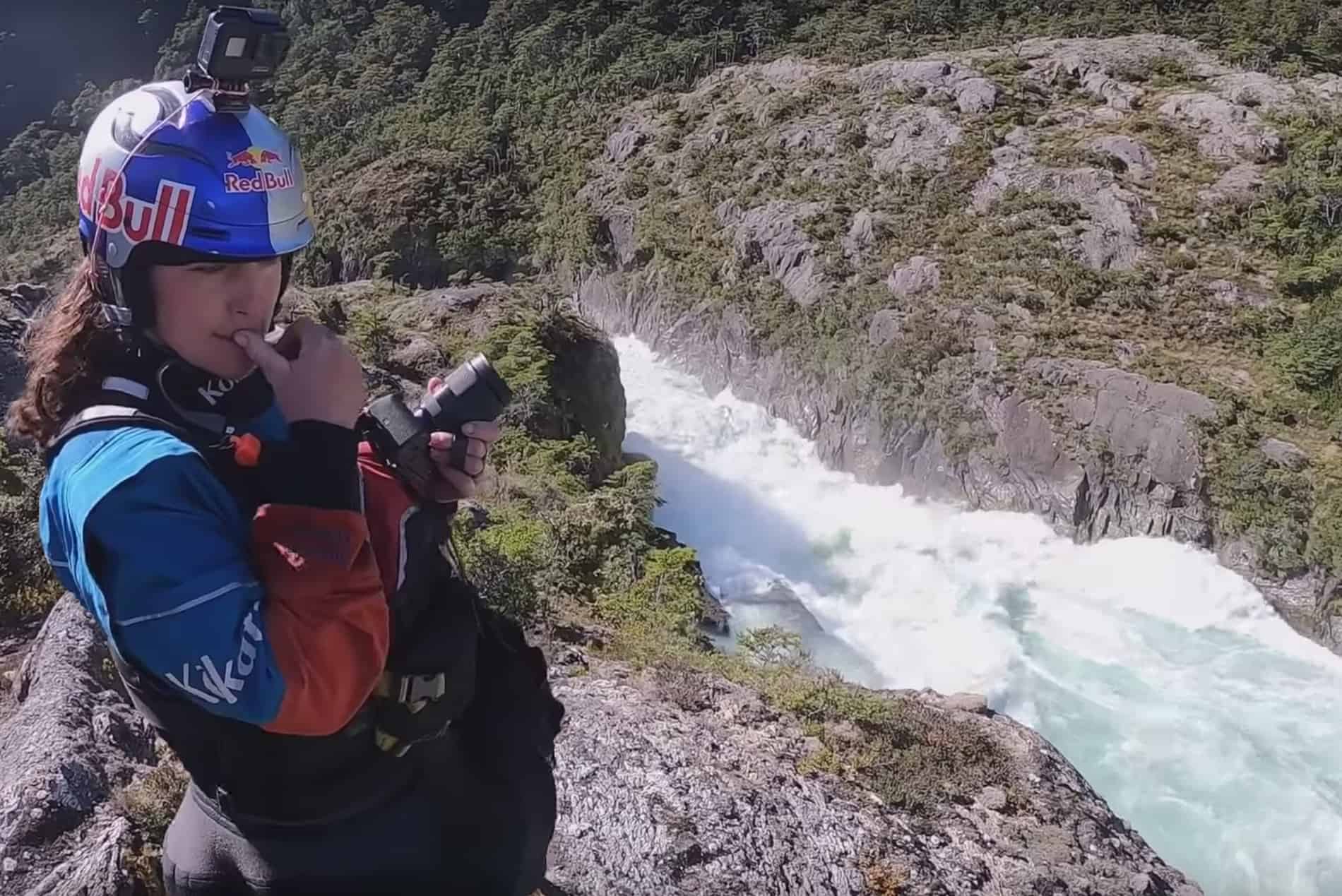 Nouria Newman scouts a rapid in Patagonia