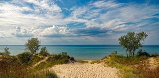 Sandy beach leading to Lake Michigan