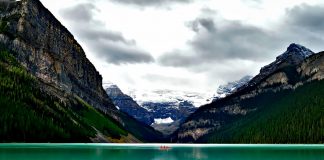 Red canoe on the waters of Lake Louise