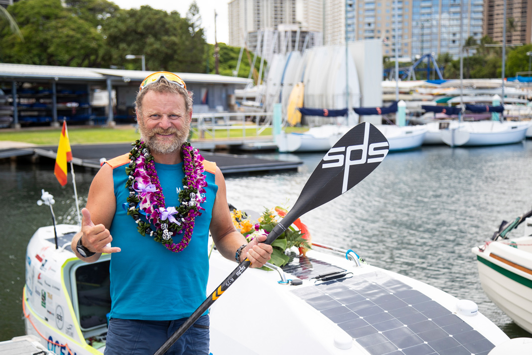 Antonio de la Rosa arrives in Waikiki after more than two months at sea on his paddleboard, Ocean Defender.