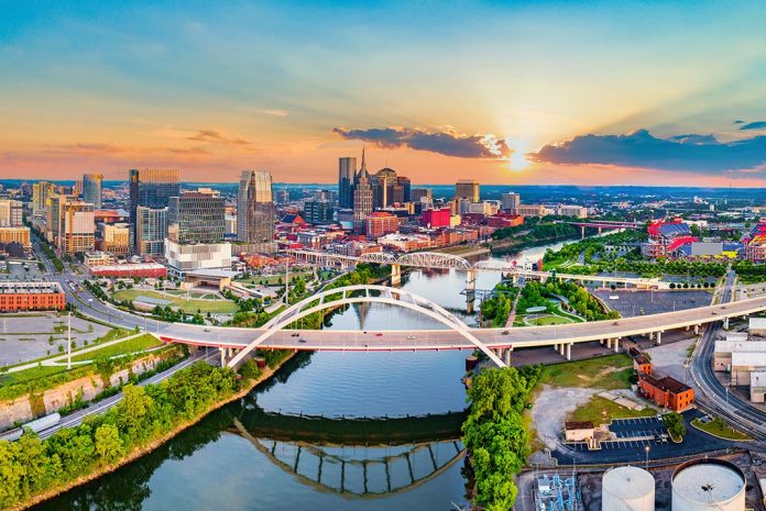 Overhead view of the Cumberland River running through Nashville.