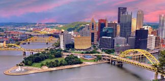 Shot of river running through downtown Pittsburgh