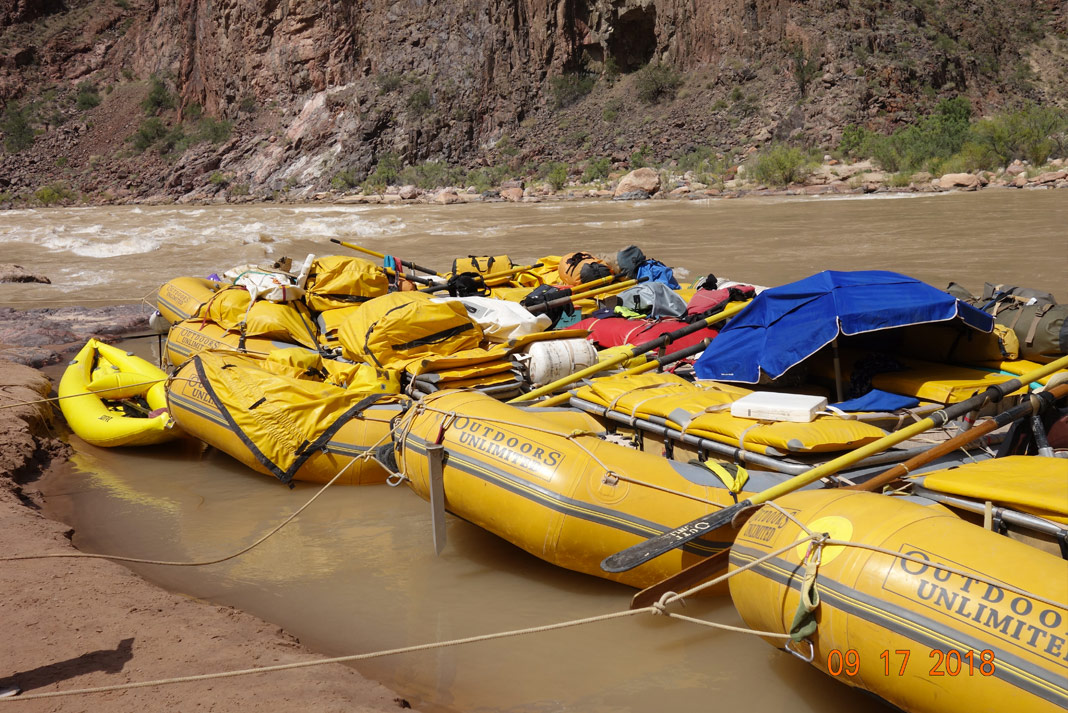 Yellow rafts tied off on Colorado River