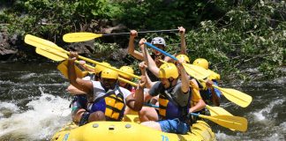 People in yellow raft raising their paddles in the air